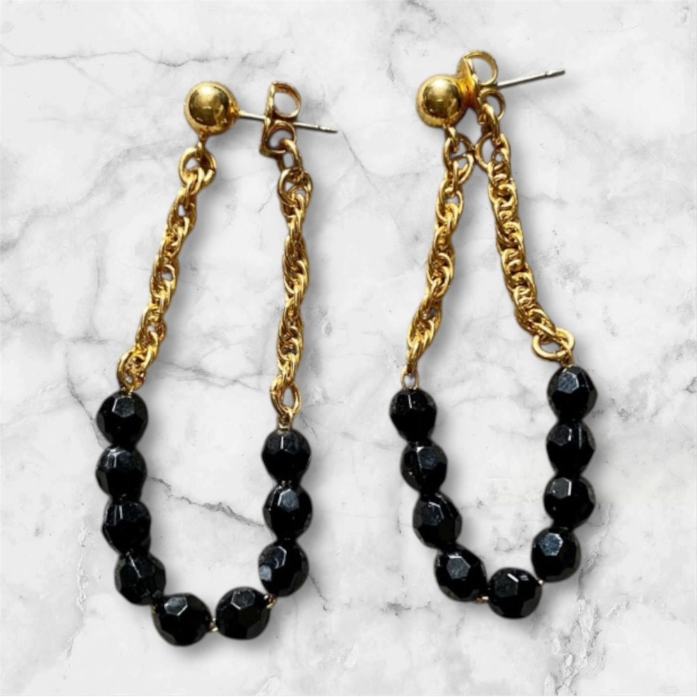 Retro Earrings Gold Plated Black Beaded Drop Hoop, Vintage